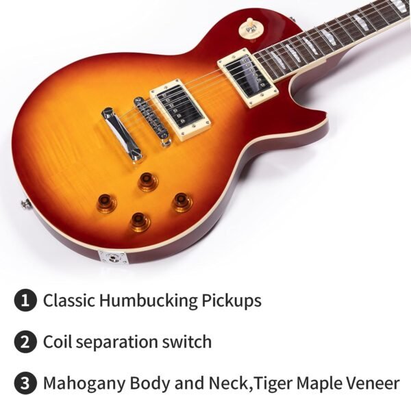 Censtar Saturn Electric Guitar Full-Size Solidbody Electric Guitar with Mahogany Body and Neck Cherry Sunburst Rosewood Fretboard Tiger Maple Veneer 6-String Electric Guitar Cherry Sunburst - Image 2