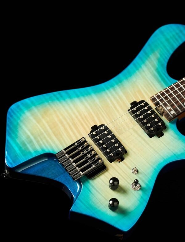 Censtar Headless Guitar,6 String Solid Body Travel Guitar,Roasted Maple Neck and Mahogany Body Stainless Steel Frets Guitar,24 Frets Electric Guitar Blue&White - Image 3