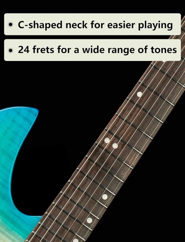 Censtar Headless Guitar,6 String Solid Body Travel Guitar,Roasted Maple Neck and Mahogany Body Stainless Steel Frets Guitar,24 Frets Electric Guitar Blue&White - Image 4