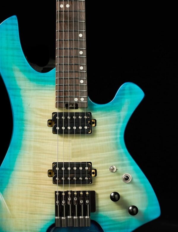 Censtar Headless Guitar,6 String Solid Body Travel Guitar,Roasted Maple Neck and Mahogany Body Stainless Steel Frets Guitar,24 Frets Electric Guitar Blue&White - Image 2