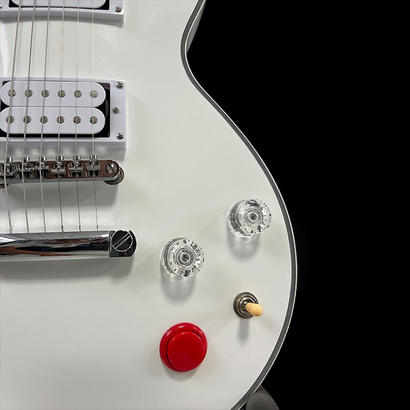 No logo, classic LP-style electric guitar, pure white glossy body, dual humbucker pickups, distinctive red knob design, 24 frets - Image 5
