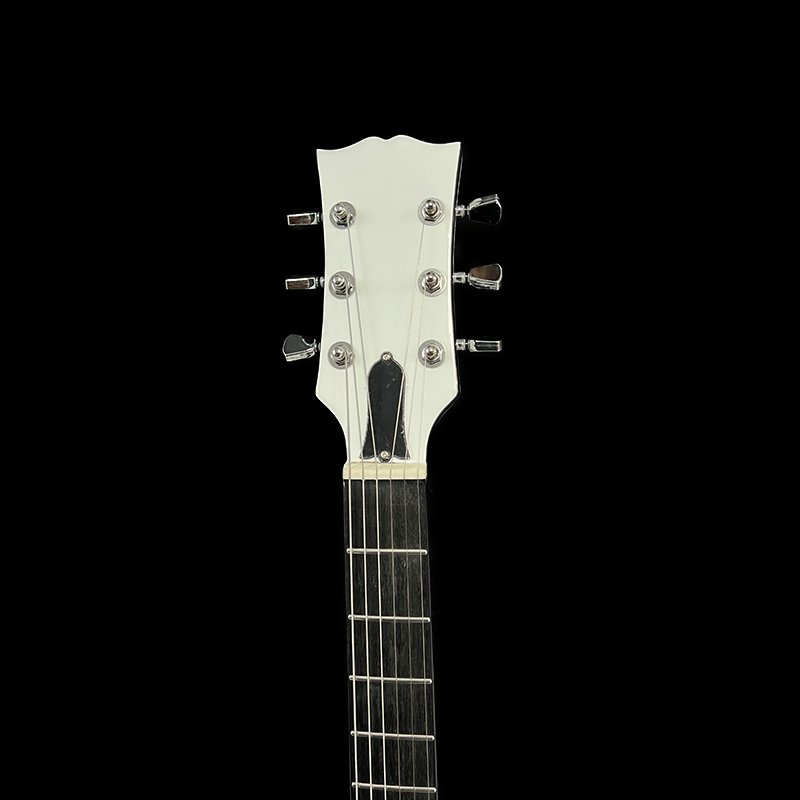No logo, classic LP-style electric guitar, pure white glossy body, dual humbucker pickups, distinctive red knob design, 24 frets - Image 6