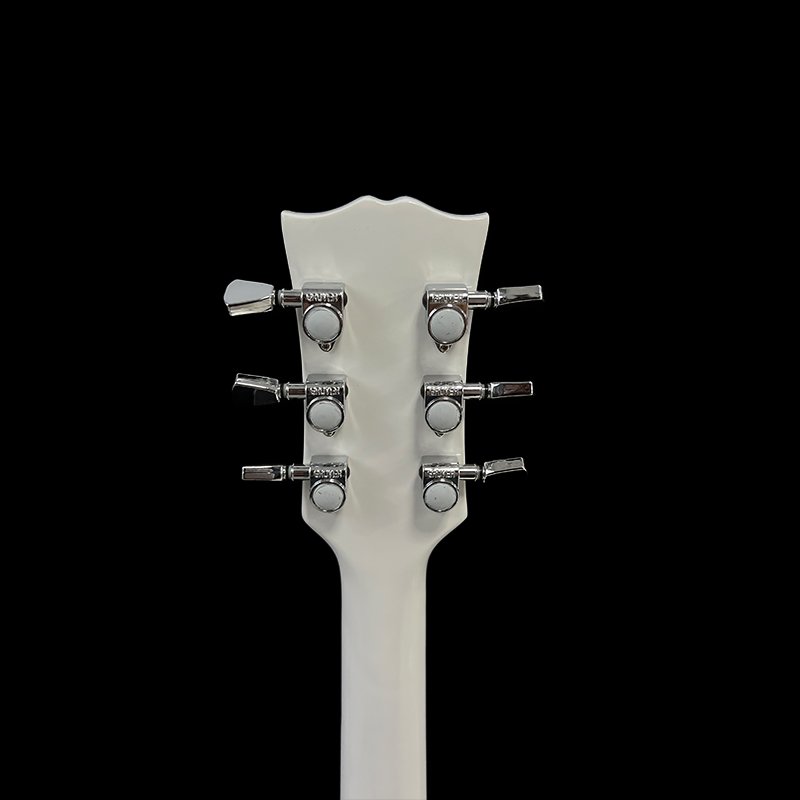 No logo, classic LP-style electric guitar, pure white glossy body, dual humbucker pickups, distinctive red knob design, 24 frets - Image 8