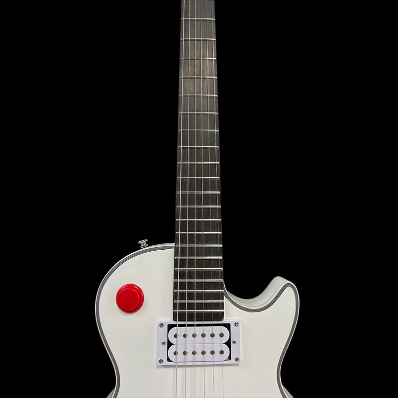 No logo, classic LP-style electric guitar, pure white glossy body, dual humbucker pickups, distinctive red knob design, 24 frets - Image 3