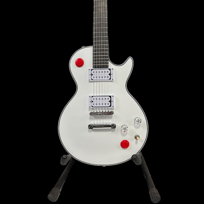 No logo, classic LP-style electric guitar, pure white glossy body, dual humbucker pickups, distinctive red knob design, 24 frets - Image 2