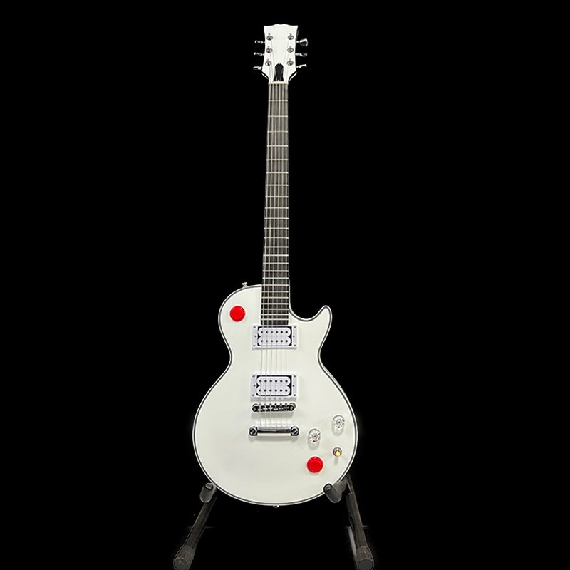 No logo, classic LP-style electric guitar, pure white glossy body, dual humbucker pickups, distinctive red knob design, 24 frets