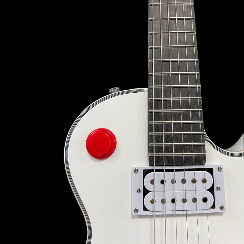 No logo, classic LP-style electric guitar, pure white glossy body, dual humbucker pickups, distinctive red knob design, 24 frets - Image 4