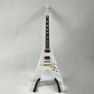 White Flying V Electric Guitar, Solid Mahogany Body, Gold Hardware, Dual HH Humbucker Pickups 6 String Heavy Metal Rock Electric Guitar