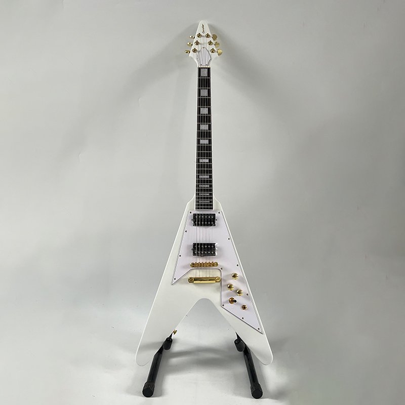 White Flying V Electric Guitar, Solid Mahogany Body, Gold Hardware, Dual HH Humbucker Pickups 6 String Heavy Metal Rock Electric Guitar