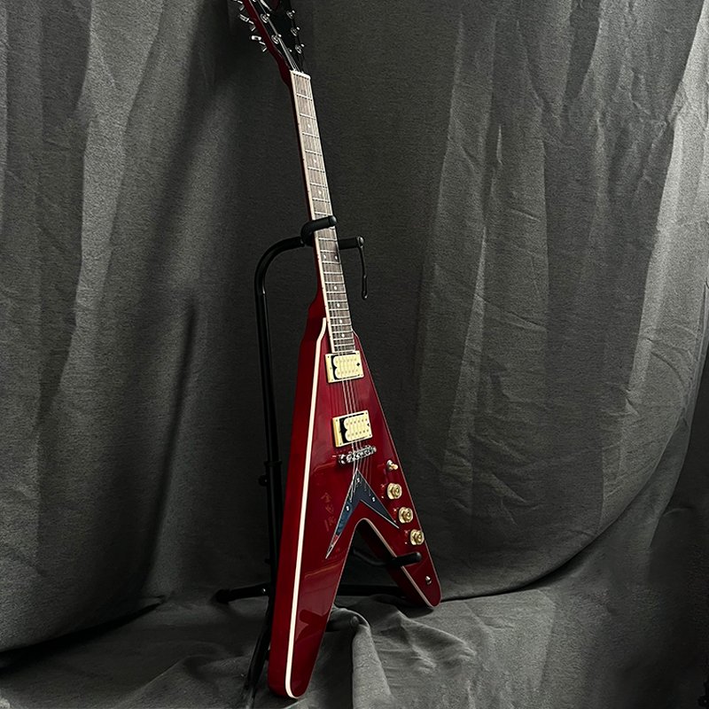 No Logo Red Flying V Shape Electric Guitar, Solid Mahogany Body Gold Hardware HH Pickups Professional Musical Instrument