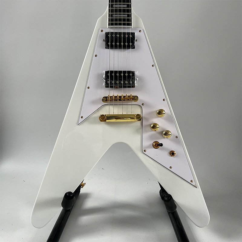 White Flying V Electric Guitar, Solid Mahogany Body, Gold Hardware, Dual HH Humbucker Pickups 6 String Heavy Metal Rock Electric Guitar - Image 3