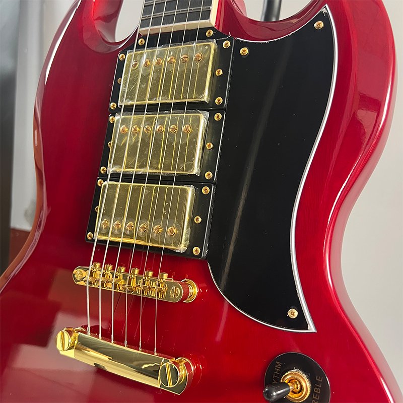 Transparent Red SG Style Electric Guitar, 3 Humbucker Pickups, Gold Hardware, Mahogany Body - Image 3