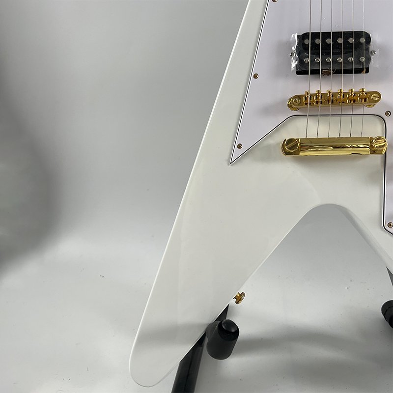 White Flying V Electric Guitar, Solid Mahogany Body, Gold Hardware, Dual HH Humbucker Pickups 6 String Heavy Metal Rock Electric Guitar - Image 4