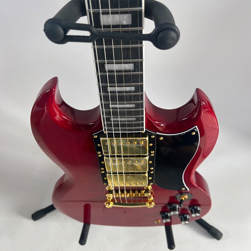 Transparent Red SG Style Electric Guitar, 3 Humbucker Pickups, Gold Hardware, Mahogany Body - Image 4