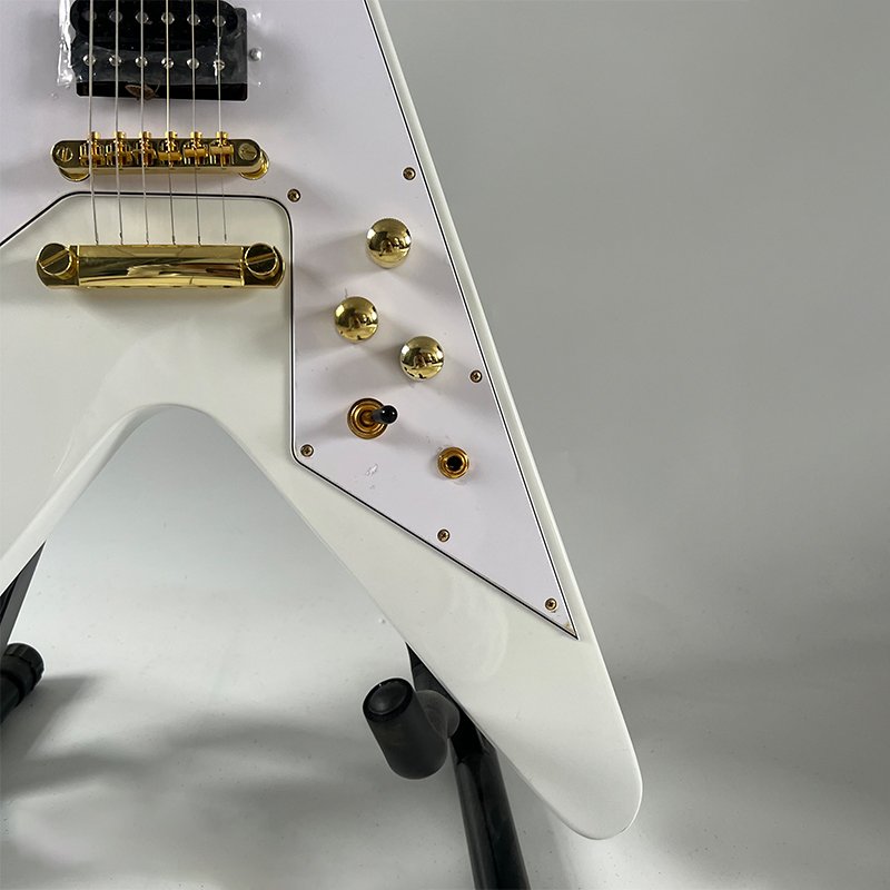 White Flying V Electric Guitar, Solid Mahogany Body, Gold Hardware, Dual HH Humbucker Pickups 6 String Heavy Metal Rock Electric Guitar - Image 5