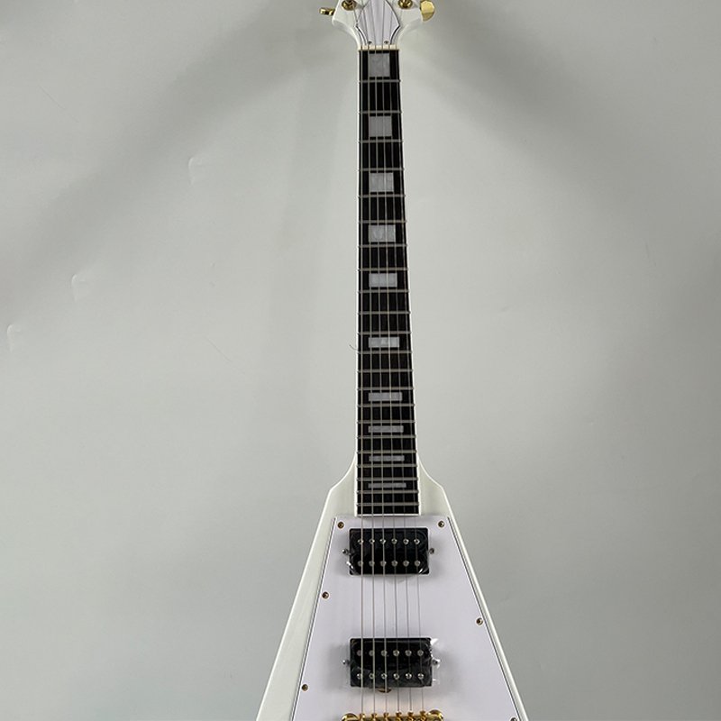 White Flying V Electric Guitar, Solid Mahogany Body, Gold Hardware, Dual HH Humbucker Pickups 6 String Heavy Metal Rock Electric Guitar - Image 6