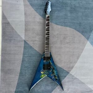 24-Fret V-Shape Electric Guitar, Blue Gloss Graphic Design, for Hard Rock